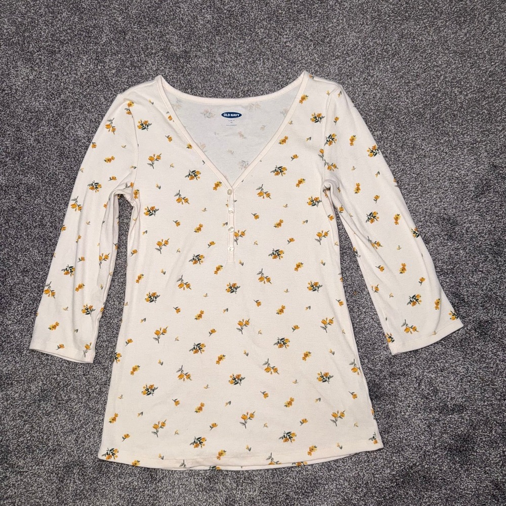 Old Navy Women's White V-Neck Henley Long Sleeve Yellow Floral 3/4 Sleeve - XS
